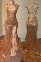 Open Back Sexy Slit Gold Sequin Prom Dresses | Spaghetti Straps Appliques Formal Evening Gowns