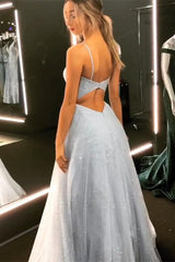 Open Back Spaghetti Strap Sequin Prom Dresses | Ice Blue Sexy Evening Gowns