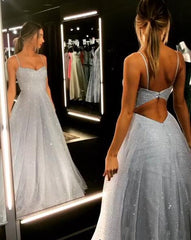 Open Back Spaghetti Strap Sequin Prom Dresses | Ice Blue Sexy Evening Gowns