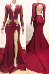 Open Back V-neck Long Sleeve Prom Dresses | Gold Lace Appliques Sexy Slit Evening Gowns BC0534