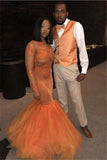 Orange Mermaid Tulle Prom Dresses | Sexy Long-Sleeves Evening Gowns