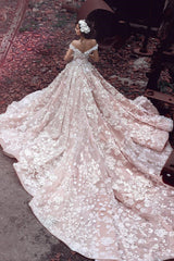 Pink Lace Applique Long Bridal Gown New Off the Shoulder Chapel Train Wedding Dresses BA3863