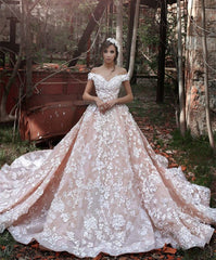 Pink Lace Applique Long Bridal Gown New Off the Shoulder Chapel Train Wedding Dresses BA3863