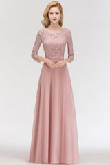 Pink Lace Long Evening Dresses with Sleeves | A-Line Scoop Bridesmaid Dresses