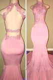 Pink Open-Back High-Neck Prom Dresses | Long Mermaid Appliques Evening Dresses