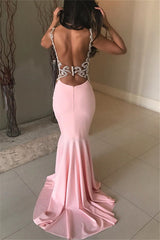 Pink Open Back Prom Dresses | Sleeveless Mermaid Crystal Evening Gowns
