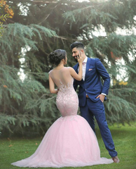 Pink Sexy Mermaid Sleeveless Tulle Long Applique Wedding Dresses