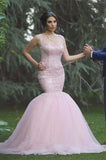 Pink Sexy Mermaid Sleeveless Tulle Long Applique Wedding Dresses