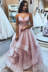 Pink Spaghetti-Straps Ruffle A-Line Prom Dress | Elegant Sleeveless Tulle Prom Gown