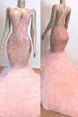 Pink V-Neck Sleeveless Prom Dresses Mermaid Open Back Lace Evening Dress