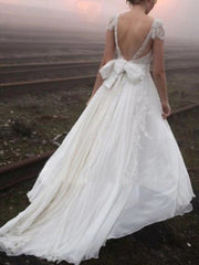 Plus Size A-Line Wedding Dress V-neck Chiffon Lace Cap Sleeve Bridal Gowns with Sweep Train