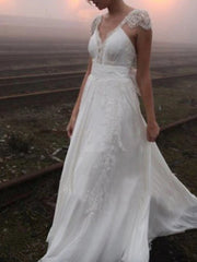 Plus Size A-Line Wedding Dress V-neck Chiffon Lace Cap Sleeve Bridal Gowns with Sweep Train