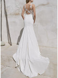 Plus Size Mermaid Wedding Dress V-Neck Lace Satin Straps Bridal Gowns with Sweep Train