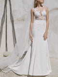 Plus Size Mermaid Wedding Dress V-Neck Lace Satin Straps Bridal Gowns with Sweep Train