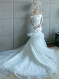 Plus Size Mermaid Wedding Dresses Off Shoulder Tulle Polyester Short Sleeve Bridal Gowns with Court Train