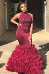 Plus Size Open Back Burgundy Prom Dresses | Sleeveless Mermaid Tuffles Sexy Prom Gowns