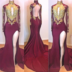 Popular Gold Lace Appliques Sexy Slit Prom Dresses | Long Sleeve Burgundy Backless Evening Gowns BC0956