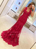 Popular Long Sleeveless Mermaid Prom Gowns Elegant Sexy Red Lace Evening Dresses BA3745