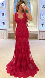 Popular Long Sleeveless Mermaid Prom Gowns Elegant Sexy Red Lace Evening Dresses BA3745