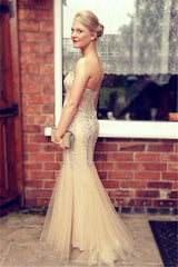 Popular Mermaid Champagne Prom Dresses Beading Sequins Corset Evening Dress