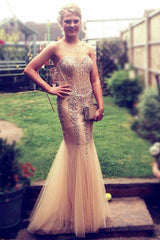 Popular Mermaid Champagne Prom Dresses Beading Sequins Corset Evening Dress