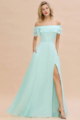 Pretty Off the Shoulder Mini-Green Front Slit Bridesmaid Dress