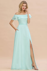 Pretty Off the Shoulder Mini-Green Front Slit Bridesmaid Dress