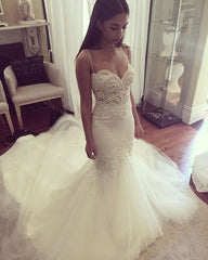 Pretty Spaghetti Straps Sweetheart Wedding Dress Summer Sheath Tulle Bridal Gown