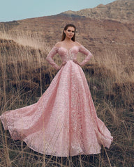 Princess Off-The-Shoulder A-Line Prom Gown | Pink Long-Sleeves Lace Applique Prom Dresses