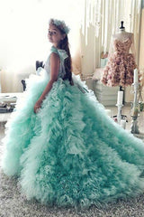 Princess Tiered Ruffles Tulle Girls Pageant Dresses | Bowknot Green Ball Gown Flower Girls Dresses