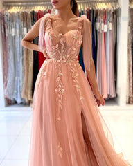 Princess Tulle Coral Pink Split Appliques Lace A-Line Prom Dresses