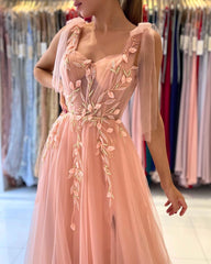 Princess Tulle Coral Pink Split Appliques Lace A-Line Prom Dresses