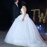 Princess Wedding Dresses Ball Gown Pearls Open Back Chapel Train Bridal Gowns