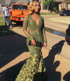 Prom Dresses with Long Sleeves | Green Mermaid V-Neck Evening Dresses SK0123