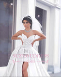 Puffy Gorgeous Strapless Lace Overskirt Appliques Ball Gown Wedding Dress