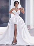 Puffy Gorgeous Strapless Lace Overskirt Appliques Ball Gown Wedding Dress