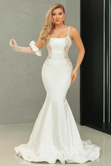 Pure Spaghetti Straps White Satin Lace Mermaid Prom Dresses