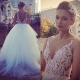 Pure White Princess Ball Gown Wedding Dress Sheer Nude Tulle Bridal Gwons with Pearls TB0310