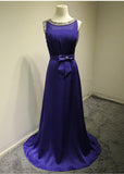 Purple OPen Back Beading Elegant Evening Dresses Sweep Train Bowknot Zipper Long Prom Party Dresses