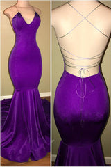 Purple Sexy Mermaid Open Back Prom Dresses | Simple Spaghetti Straps Evening Dresses