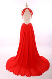 Red A-Line Halter Chiffon Party Dress Halter Lace Open Back Prom Dresses CE0126