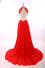 Red A-Line Halter Chiffon Party Dress Halter Lace Open Back Prom Dresses CE0126