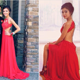 Red A-Line Halter Chiffon Party Dress Halter Lace Open Back Prom Dresses CE0126