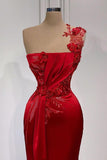 Red Flowers One Shoulder Sleeveless Floor-length Prom Dresses