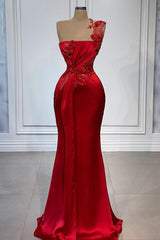 Red Flowers One Shoulder Sleeveless Floor-length Prom Dresses