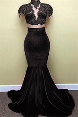 Red Lace Mermaid Popular High-Neck Velvet Cap-Sleeves Prom Dress BA5155