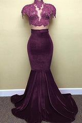 Red Lace Mermaid Popular High-Neck Velvet Cap-Sleeves Prom Dress BA5155