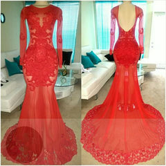 Red Long Sleeves Backless Prom Dresses | Tulle Appliques Evening Dresses