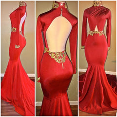 Red Mermaid Backless Prom Dresses | Long Sleeves High Neck Open Back Evening Dresses mq0