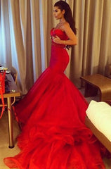 Red Mermaid Sweetheart Court Train Evening Dress Crystal Tulle Formal Occasion Dress BO7481